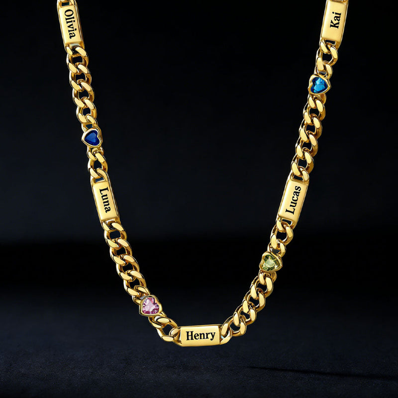 Personalized Name Cuban Chain Necklace With Heart Birthstone for Mom
