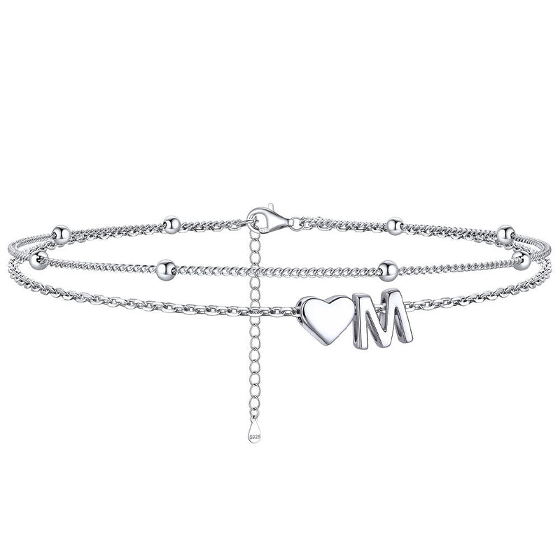 Sterling Silver Initial Heart Layered Anklet for