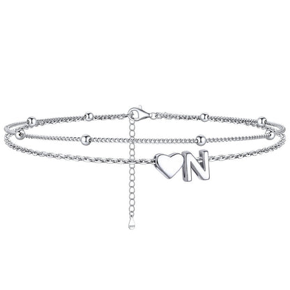 Sterling Silver Initial Heart Layered Anklet for