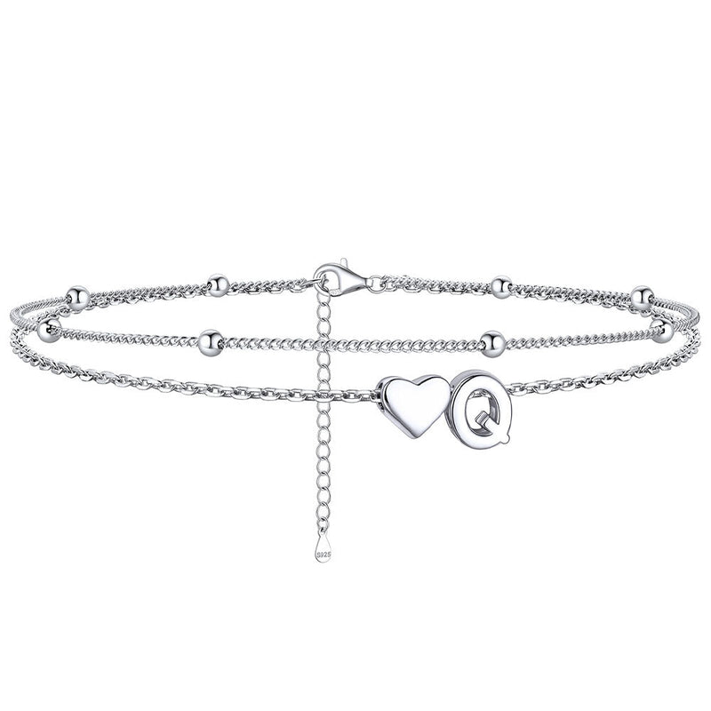 Sterling Silver Initial Heart Layered Anklet for