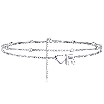 Sterling Silver Initial Heart Layered Anklet for