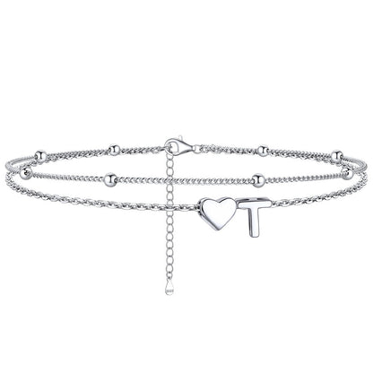 Sterling Silver Initial Heart Layered Anklet for