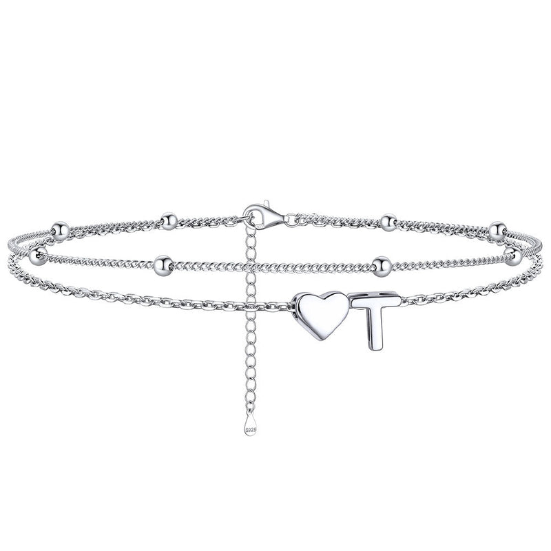 Sterling Silver Initial Heart Layered Anklet for