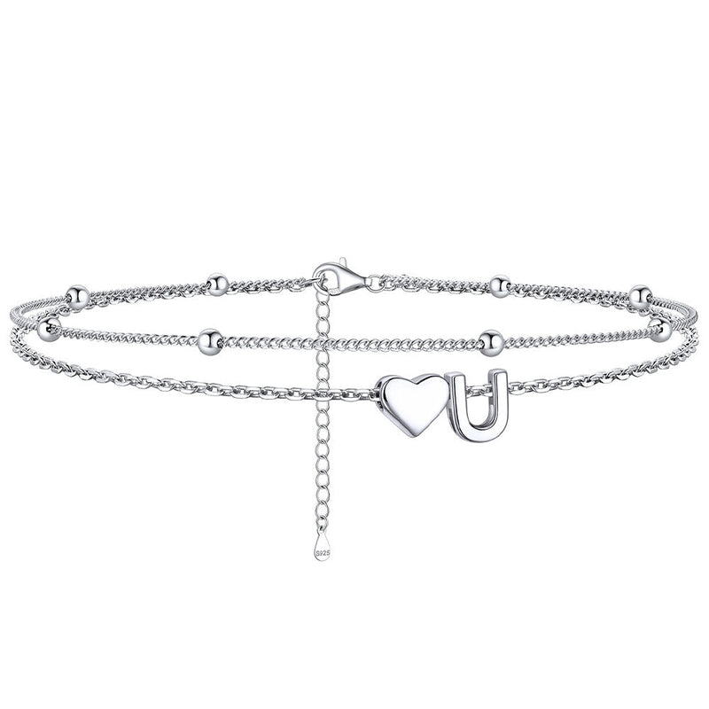Sterling Silver Initial Heart Layered Anklet for
