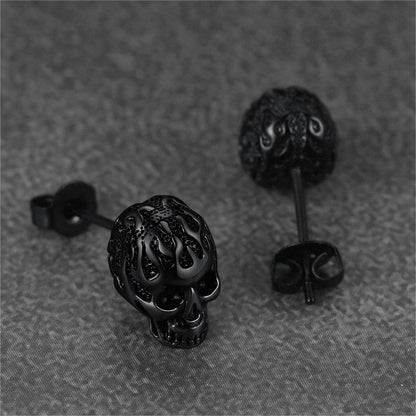 Gothic Flaming Skull Stud Earrings for