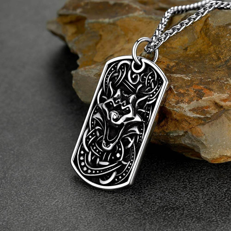 Engraved Viking Celtic Wolf Dog Tag Necklace for