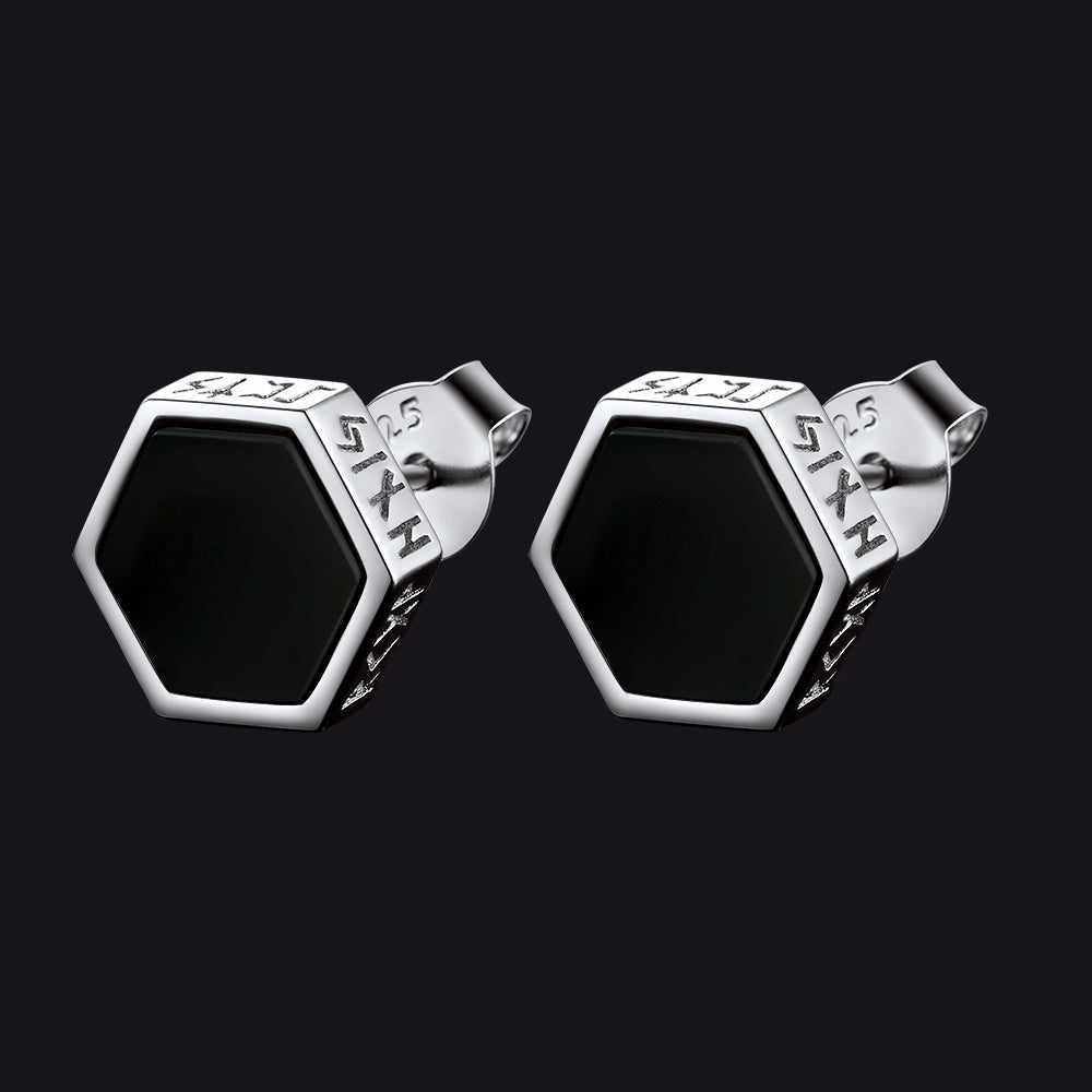 Hexagon Viking Rune Black Onyx Stud Earrings for