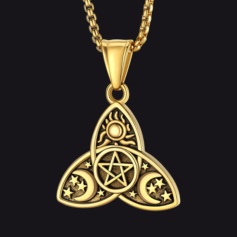Triple Moon Goddess Pentagram Necklace for