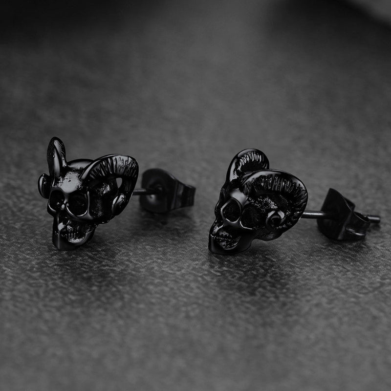 Satanic Baphomet Goat Skull Head Stud Earrings for