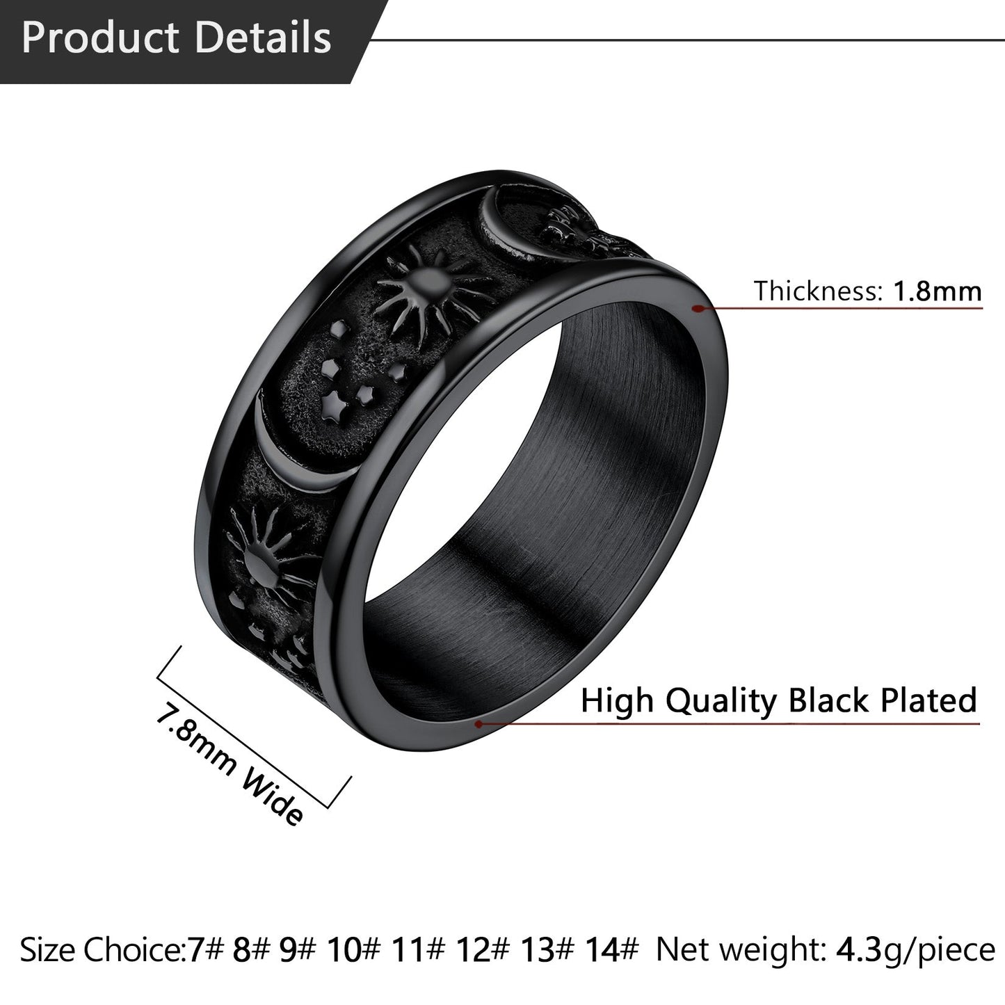 Stainless Steel Sun Moon Star Band Ring for