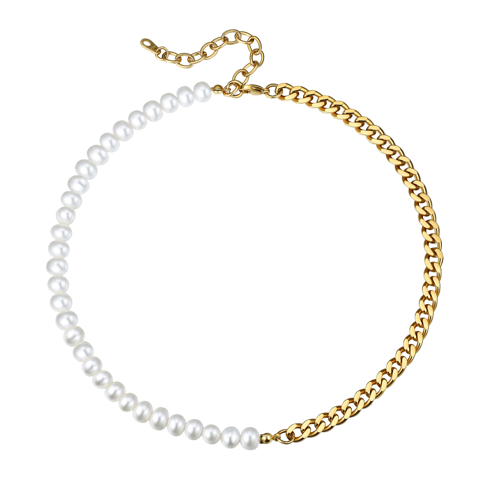Half 8mm White Pearl and Half 7mm Cuban Link Chain Choker Necklace