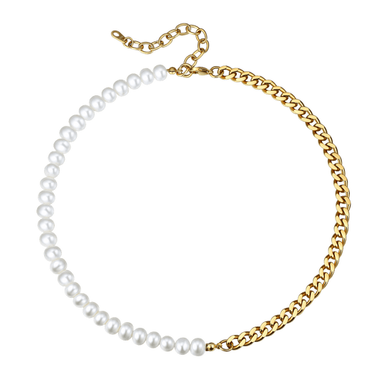 Half 8mm White Pearl and Half 7mm Cuban Link Chain Choker Necklace