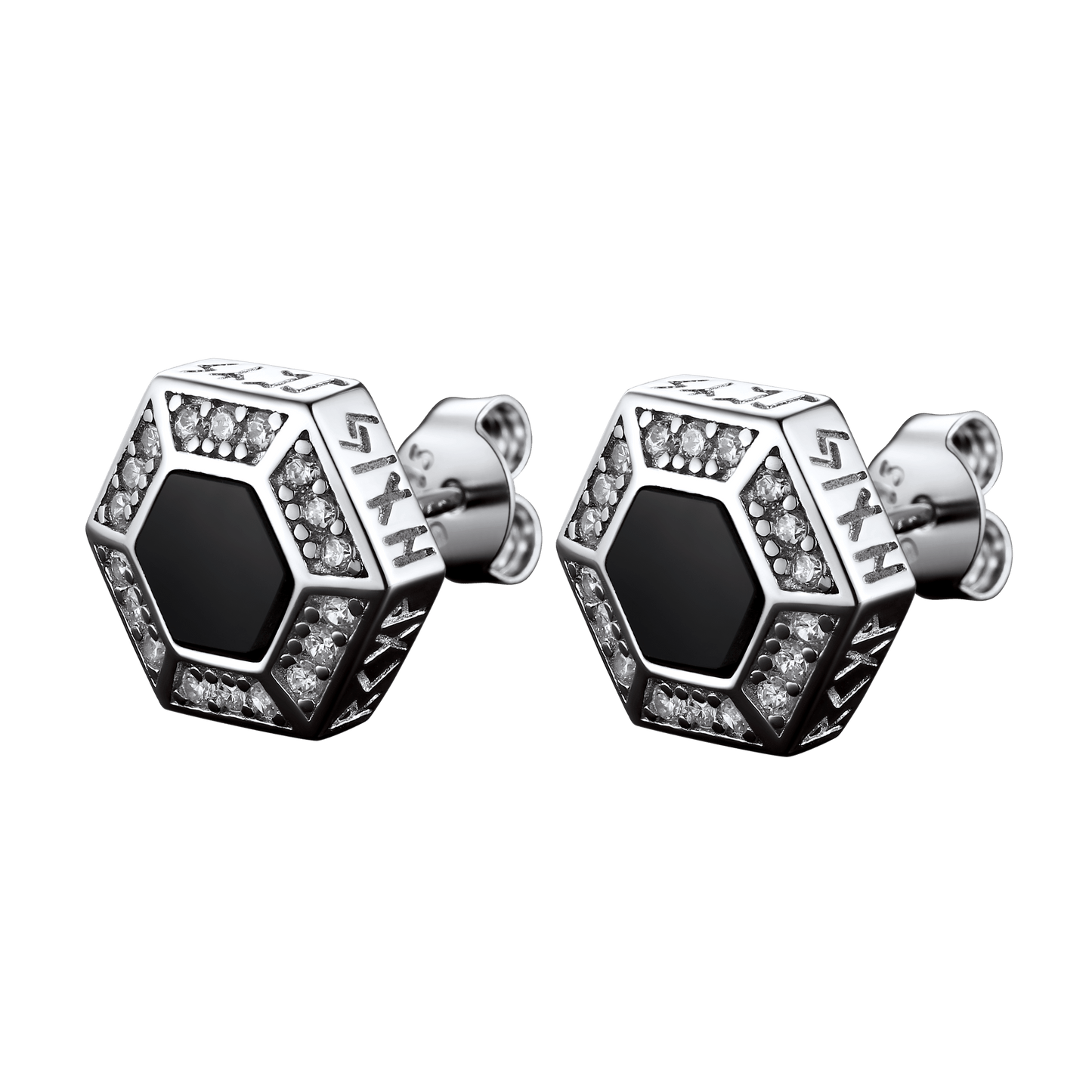 Viking Rune Hexagon Black Onyx Stud Earrings for