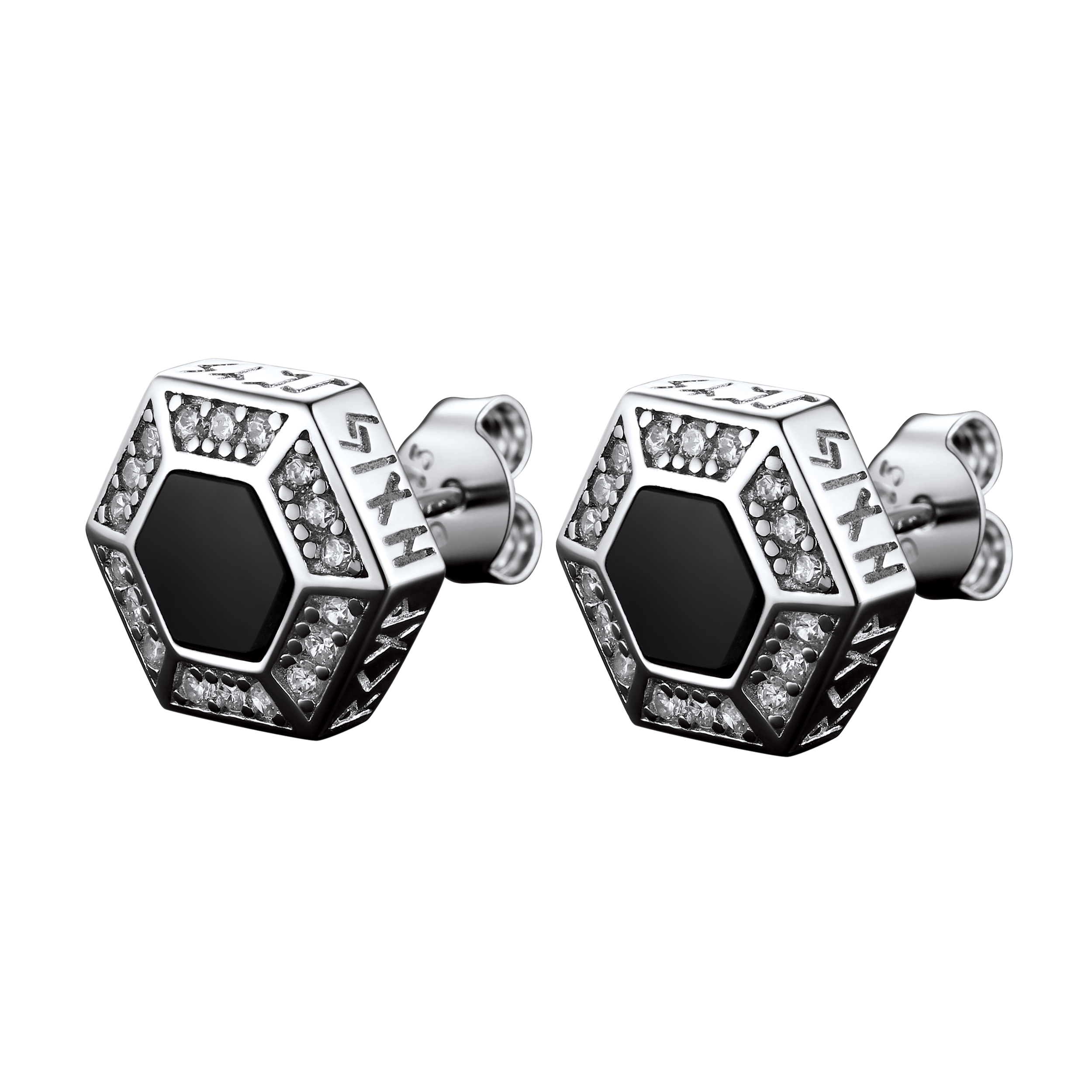 Viking Rune Hexagon Black Onyx Stud Earrings for
