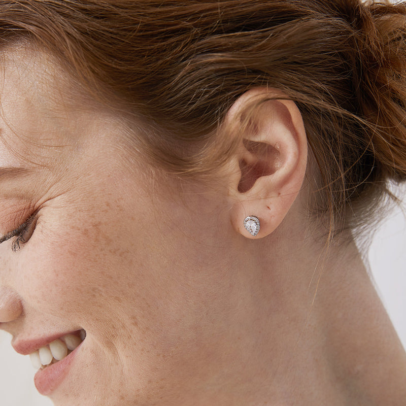 Silver Birthstone Teardrop Halo Stud Earrings for
