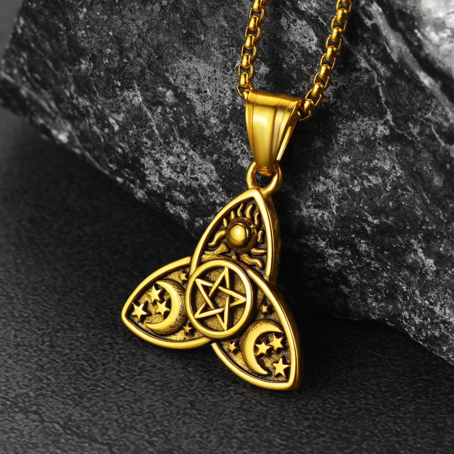 Triple Moon Goddess Pentagram Necklace for