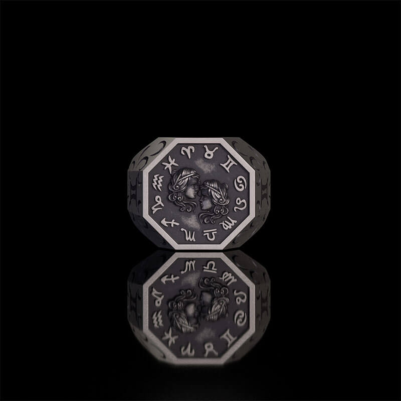 12 Constellations Zodiac Sterling Silver Octagonal Ring