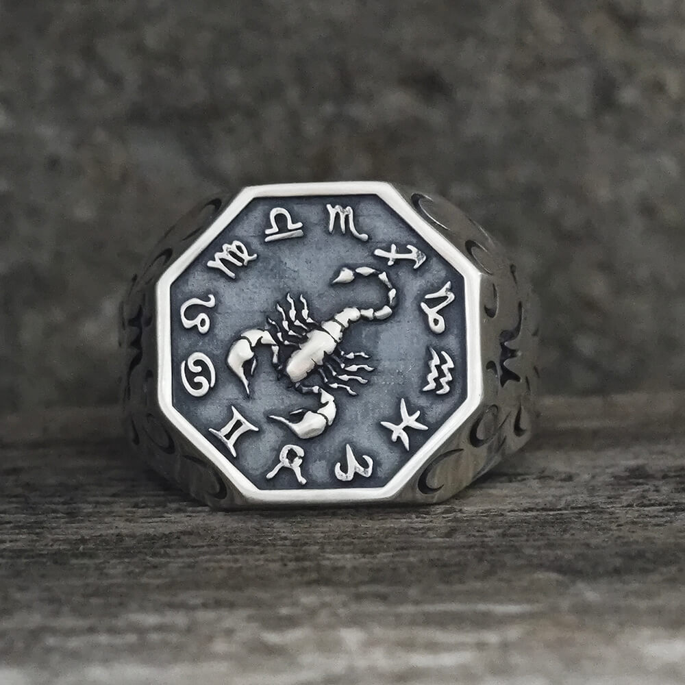 12 Constellations Zodiac Sterling Silver Octagonal Ring