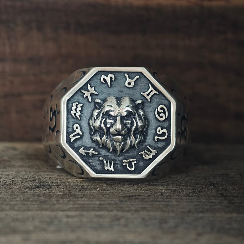 12 Constellations Zodiac Sterling Silver Octagonal Ring