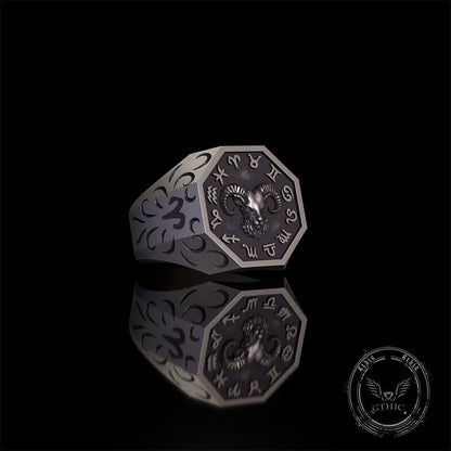 12 Constellations Zodiac Sterling Silver Octagonal Ring