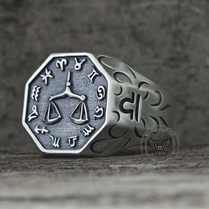 12 Constellations Zodiac Sterling Silver Octagonal Ring
