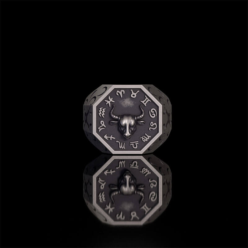 12 Constellations Zodiac Sterling Silver Octagonal Ring