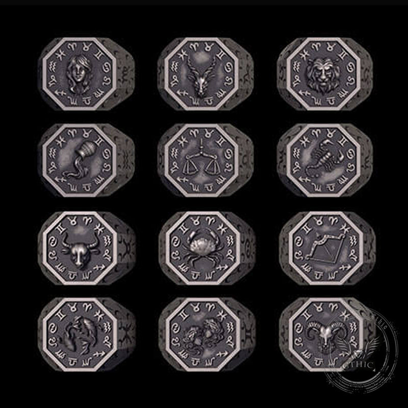 12 Constellations Zodiac Sterling Silver Octagonal Ring