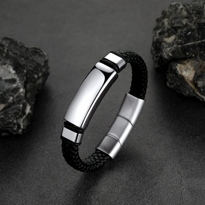 Custom Braided Black Engraved Leather Bracelet Cuff for