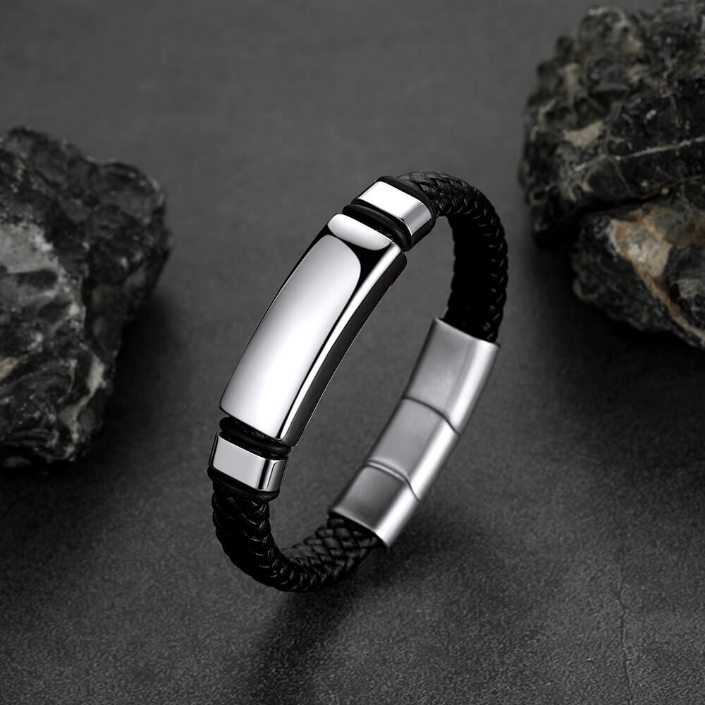 Custom Braided Black Leather Bracelet Birthday Gift for