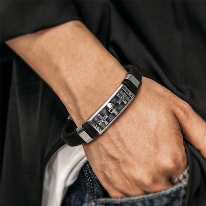 Gothic Black Skull Braided Leather Bracelet for Son Grandson