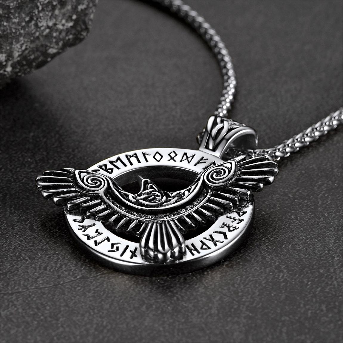 Viking Odin's Raven Necklace for With Runes