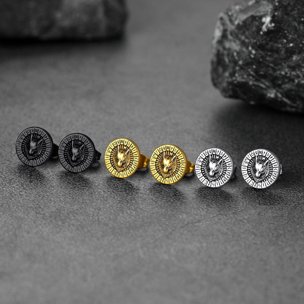 Viking Wolf Head Stud Earrings With Runes for