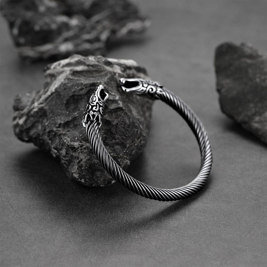 Viking Bracelet Norse Wolf Heads Cuff Bangle for
