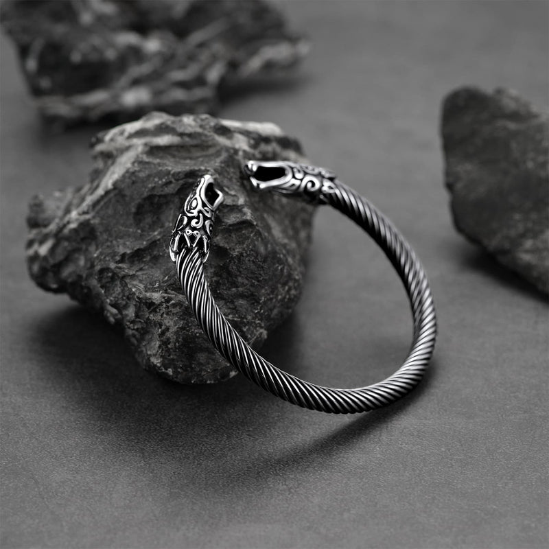 Viking Bracelet Norse Wolf Heads Cuff Bangle for