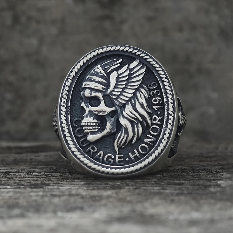 1936 Pirate Skull Sailboat Eagle Sterling Silver Ring