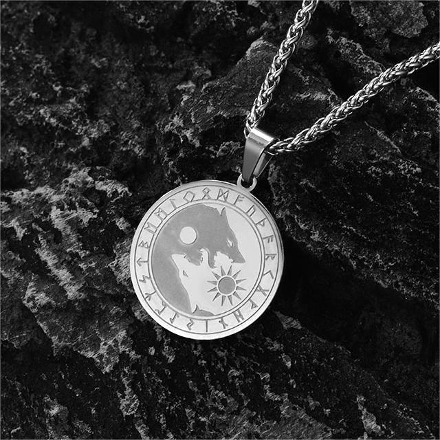 Viking Wolf Coin Necklace for With Runes