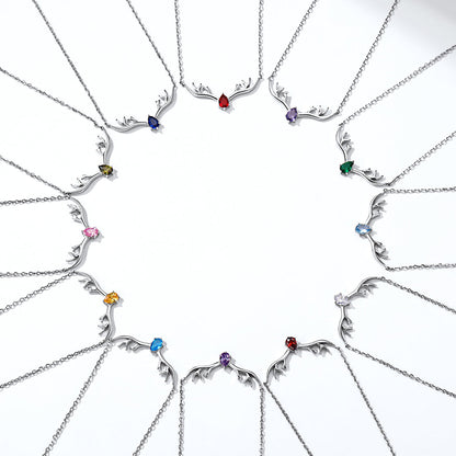 925 Sterling Silver Birthstone Deer Antler Necklace for