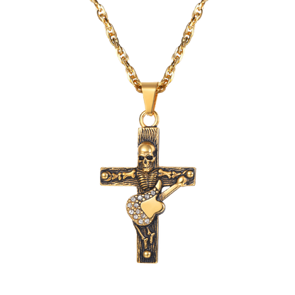 Punk Skull Guitar Cross Necklace for