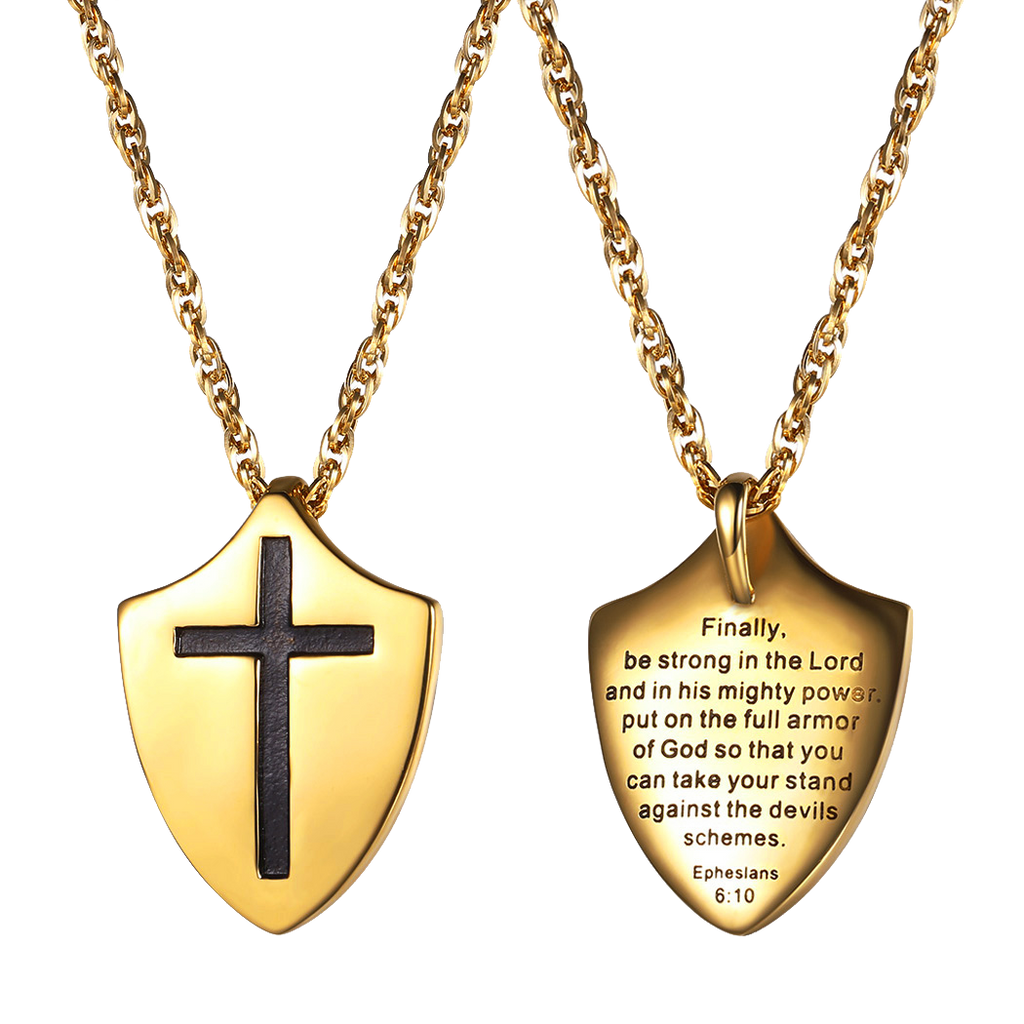 Christian Cross Shield Pendant Necklace With Ephesians 6:10 for