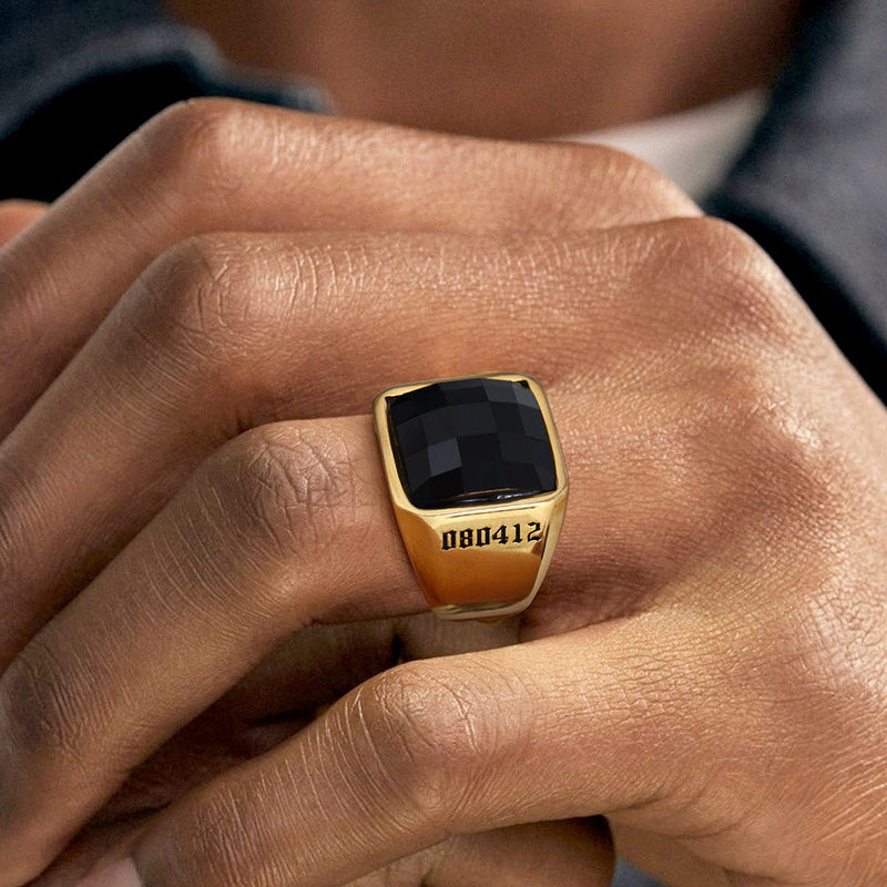 Custom Black Onyx Engraved Signet Ring for