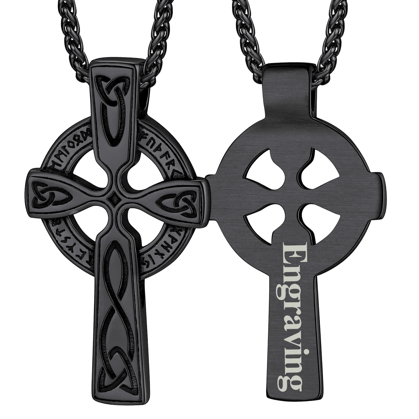 Irish Celtic Cross Pendant Necklace With Viking Runes for