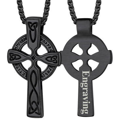 Irish Celtic Cross Pendant Necklace With Viking Runes for