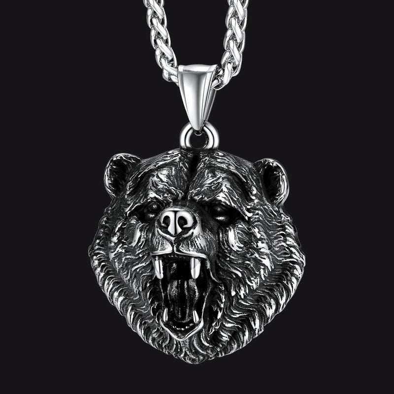 Wild Roaring Bear Head Pendant Necklace for