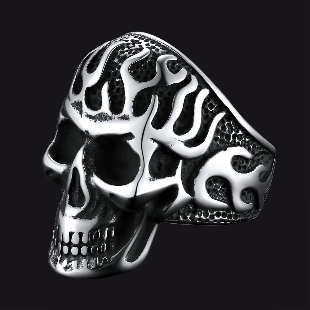 Gothic Fire Flaming Skull Stainless Steel Ring for