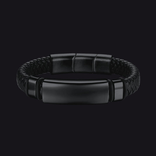 Custom Braided Black Engraved Leather Bracelet Cuff for