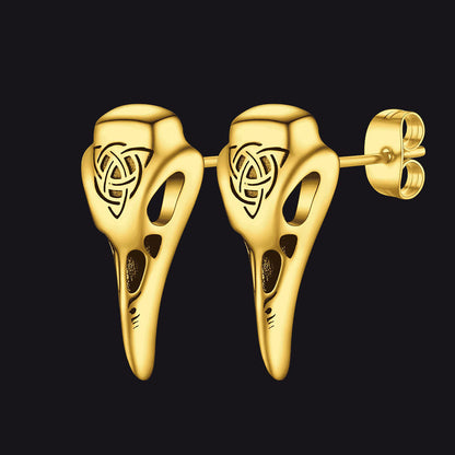 Viking Raven Skull Earrings Studs With Celtic Knot for
