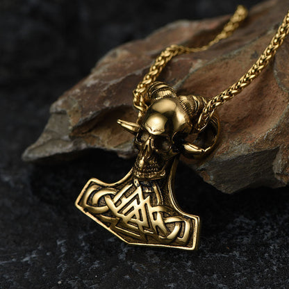 Viking Mjolnir Thor's Hammer Skull Necklace Pendant for