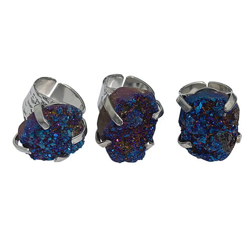 Adjustable Silver Plated Electric Blue Druzy Agate Gemstone Cocktail Ring