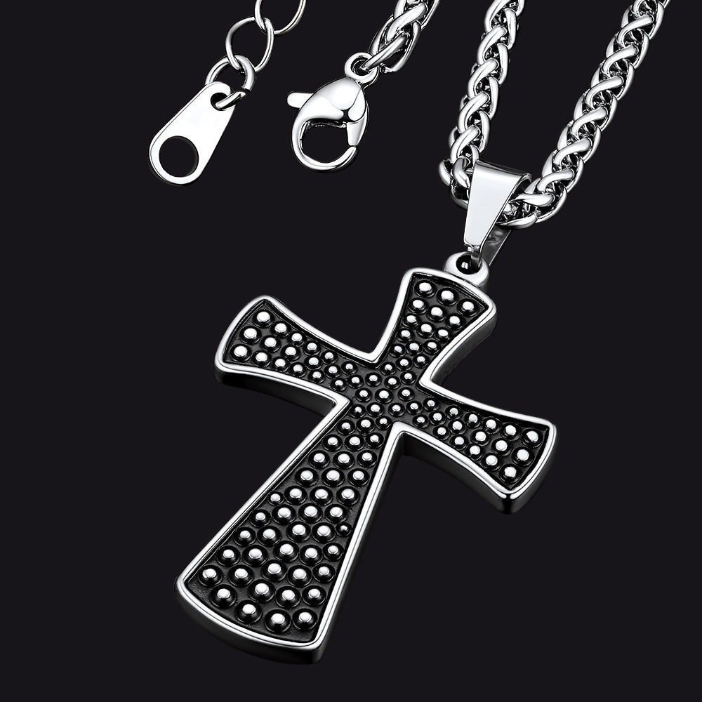 Thick Christ Simple Cross Necklace With Black Enamel Dotted