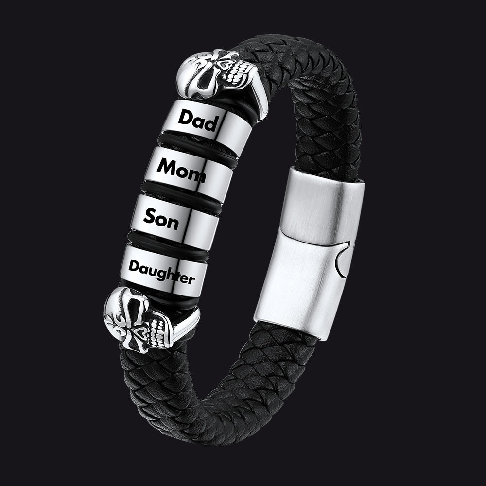 Personalized Name Beads Leather Bracelet With Skull for